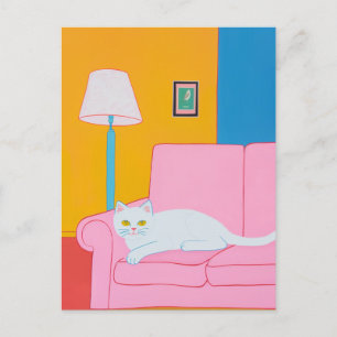 Carte Postale Chat blanc sur un canapé rose