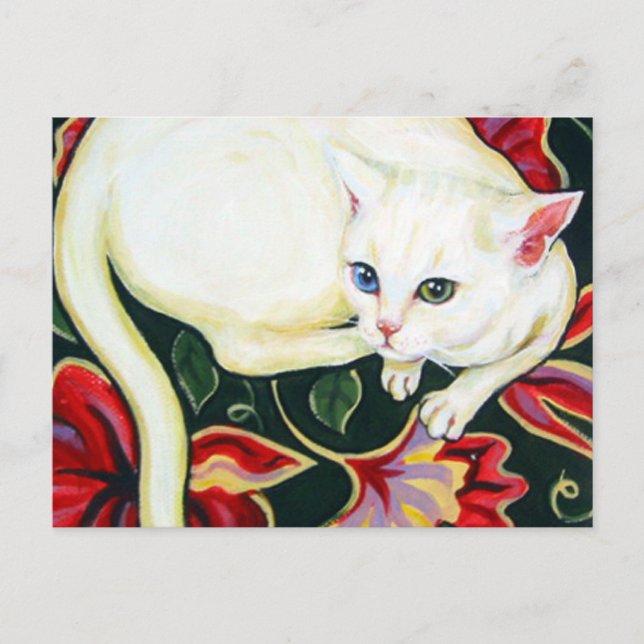 Carte Postale Chat blanc sur un coussin (Devant)