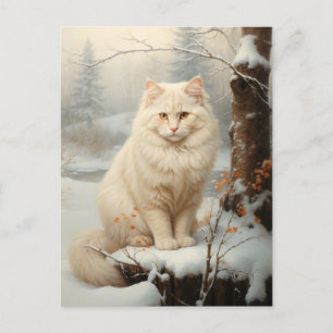 Carte Postale Chat blanc vintage en neige - Peinture à l'huile p