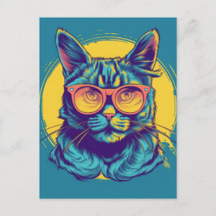 Carte Postale Chat Bleu Avec Verres Orange