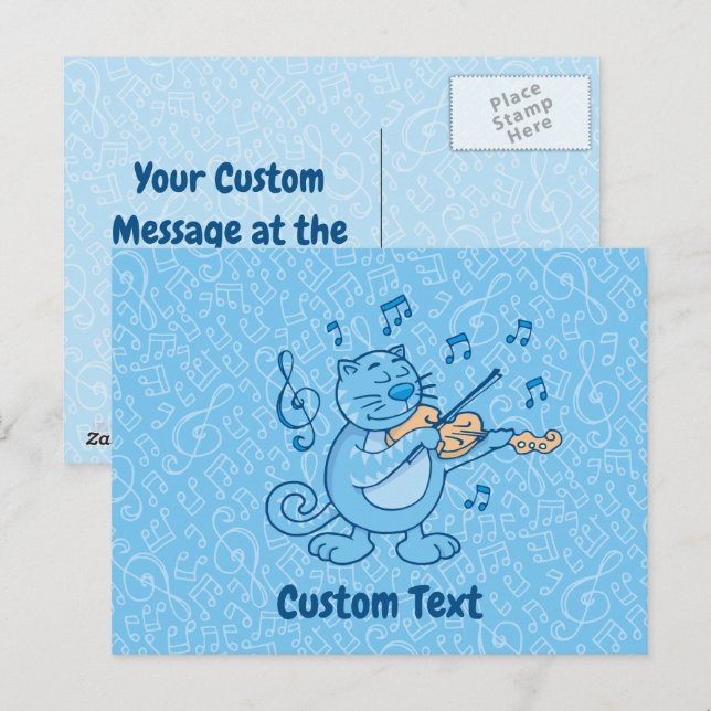 Carte postale Chat Bleu avec Violon (Devant / Derrière)