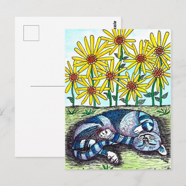 Carte postale Chat bleu et Fleurs jaunes (Devant / Derrière)