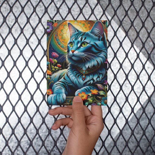 Carte Postale Chat bleu fantaisiste et oasis floral (Créateur téléchargé)