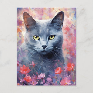 Carte Postale chat bleu russe aquarelle colorée