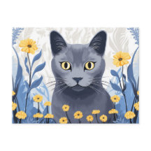 Chat Bleu Russe Fleurs Jaunes