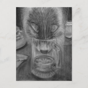 Carte Postale Chat Boire de l'eau Cute Dessin original de charbo