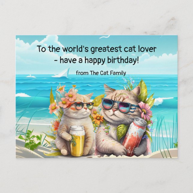 Carte Postale Chat boit sur la plage Anniversaire (Devant)