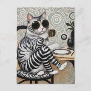 Carte Postale Chat Brouillé Adorable Avec Café