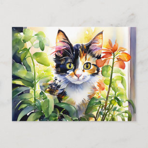 Carte Postale Chat calico derrière une plante en pot vibrante 