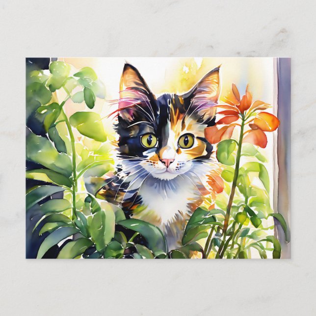 Carte Postale Chat calico derrière une plante en pot vibrante  (Devant)