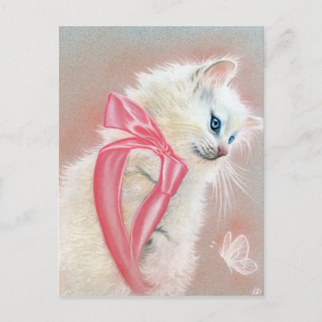 Carte postale Chat Chat Blanc Rose Bow (Devant)