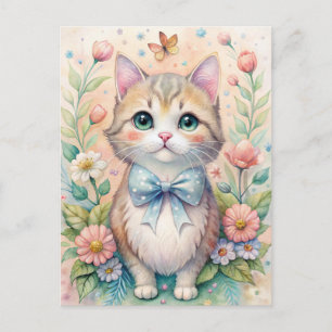 Carte Postale Chat Chaton Pastel Nœud Fleurs Sauvages 