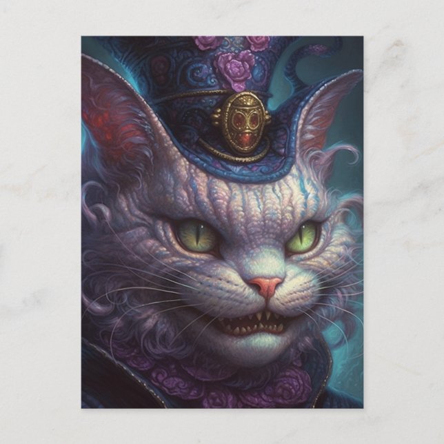 Carte Postale Chat Cheshire effrayant dans un Tophat Violet Vint (Devant)