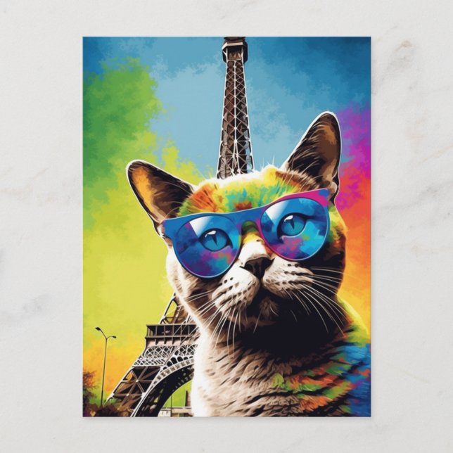 Carte Postale Chat coloré à Paris (Devant)