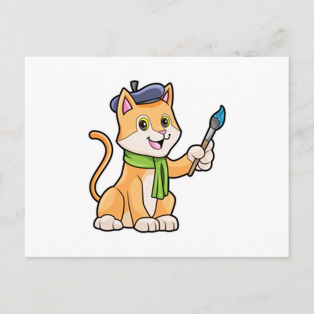 Carte Postale Chat comme Peintre avec pinceau et écusson (Devant)