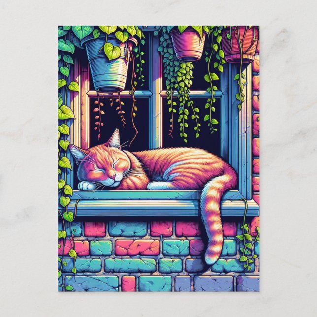 Carte Postale Chat couché dans la fenêtre Sill Ai Art (Devant)