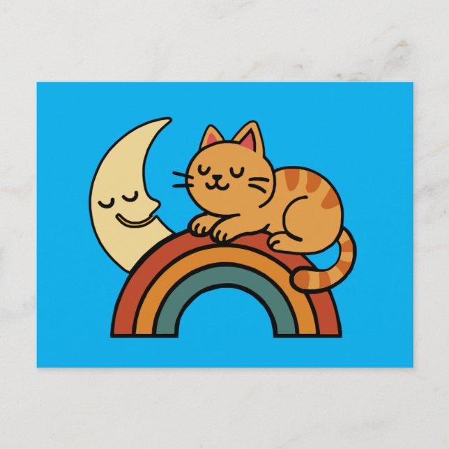 Carte Postale Chat couché mignon sur arc-en-ciel avec lune (Devant)
