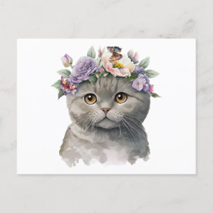 Carte Postale Chat couleur gris mignonne avec fleurs et papillon