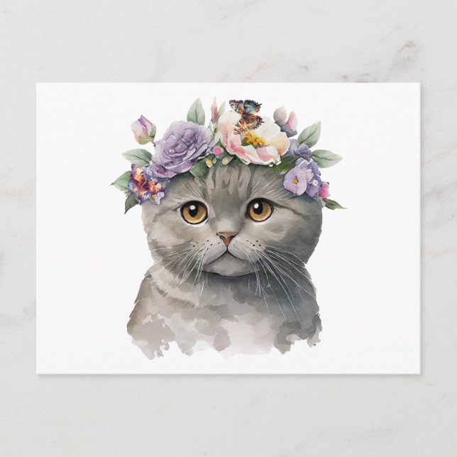 Carte Postale Chat couleur gris mignonne avec fleurs et papillon (Devant)