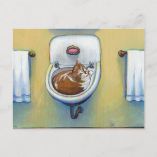 Carte Postale Chat dans l'évier peindre amusant joyeux art lunat