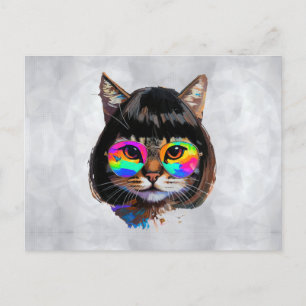 Carte Postale Chat dans une perruque + Lunettes de soleil (Peint