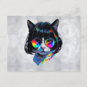 Carte Postale Chat dans une perruque + Lunettes de soleil (Peint