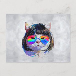 Carte Postale Chat dans une perruque + Lunettes de soleil (Peint