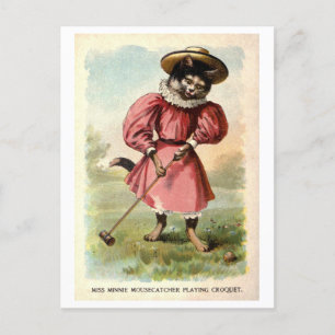 Carte Postale Chat dans une robe Jouer Croquet Vintage