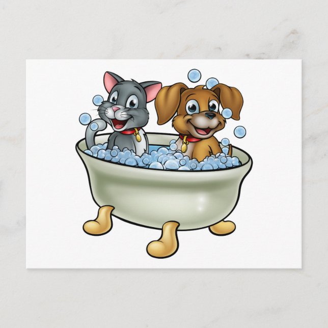 Carte Postale Chat de dessin animé et chien dans le bain (Devant)