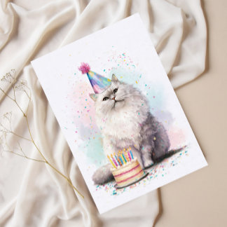 Carte Postale Chat de fête blanc et duveteux – Chat au chapeau d