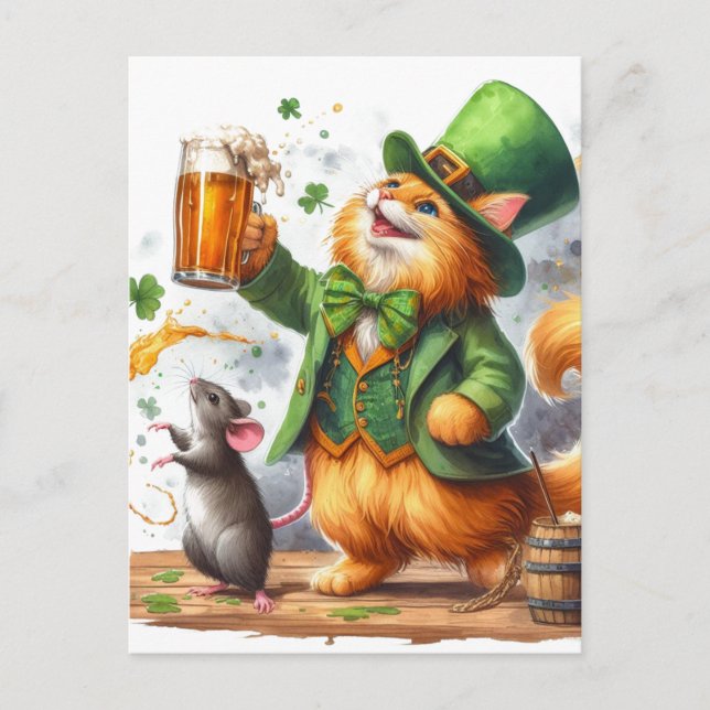 Carte Postale Chat de gingembre adorable et une souris avec bièr (Devant)