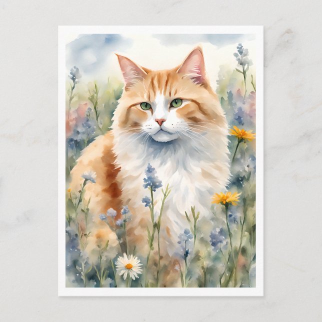 Carte Postale Chat de gingembre dans une prairie Fleur sauvage (Devant)