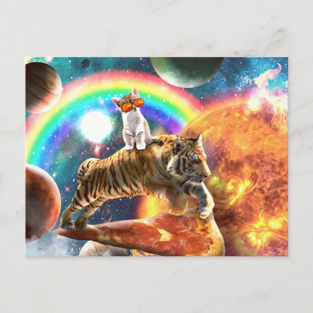 Carte Postale Chat de la galaxie spatiale chevauchant un tigre s (Devant)