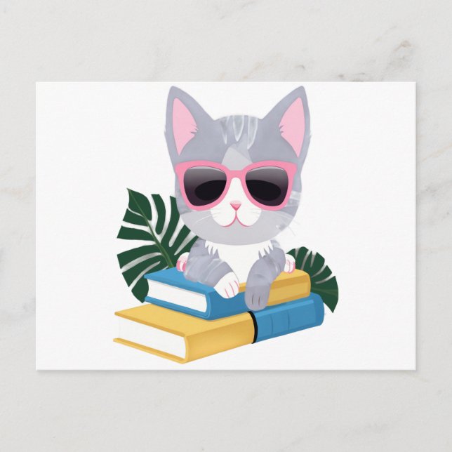 Carte Postale Chat de livre mignon avec lunettes roses - Kawaii  (Devant)