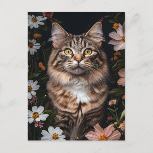 Carte Postale Chat de Maine Coon entouré de fleurs