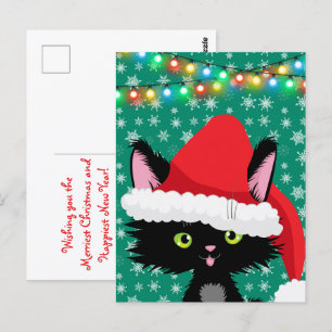 Carte Postale Chat de Noël avec Snowflakes et lumières de Santa 