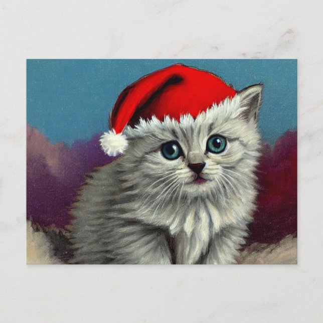 Carte Postale Chat de Noël Vintage à Santa Hat (Devant)