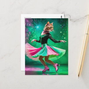 Carte Postale Chat de patinage sur glace adorable en rose et ver
