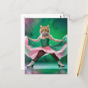 Carte Postale Chat de patinage sur glace mignonne en rose et ver