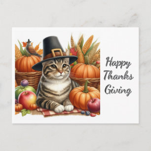 Carte Postale Chat de pèlerin de Thanksgiving et citrouilles 