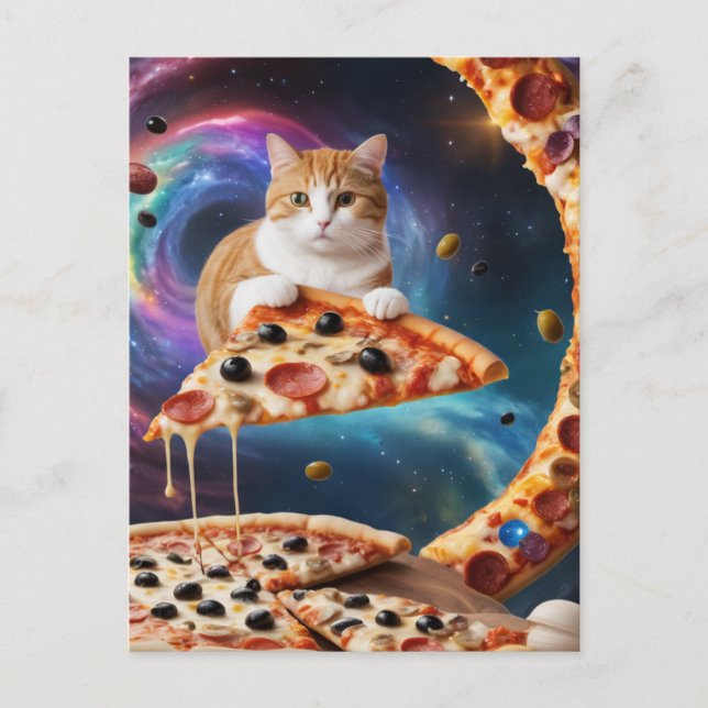 Carte Postale Chat de pizza drôle dans l'espace (Devant)
