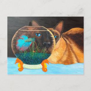 Carte Postale Chat de Siamese et Betta Fish