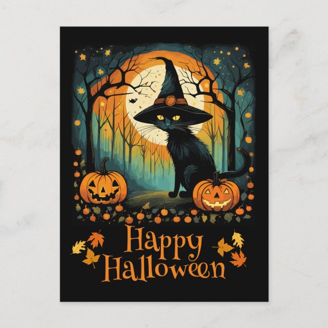 Carte Postale Chat de sorcière noire Halloween et Citrouille de  (Devant)