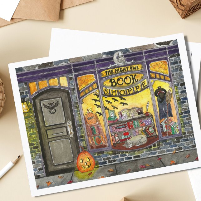 Carte Postale Chat d'Halloween et Boutique de livres (Créateur téléchargé)