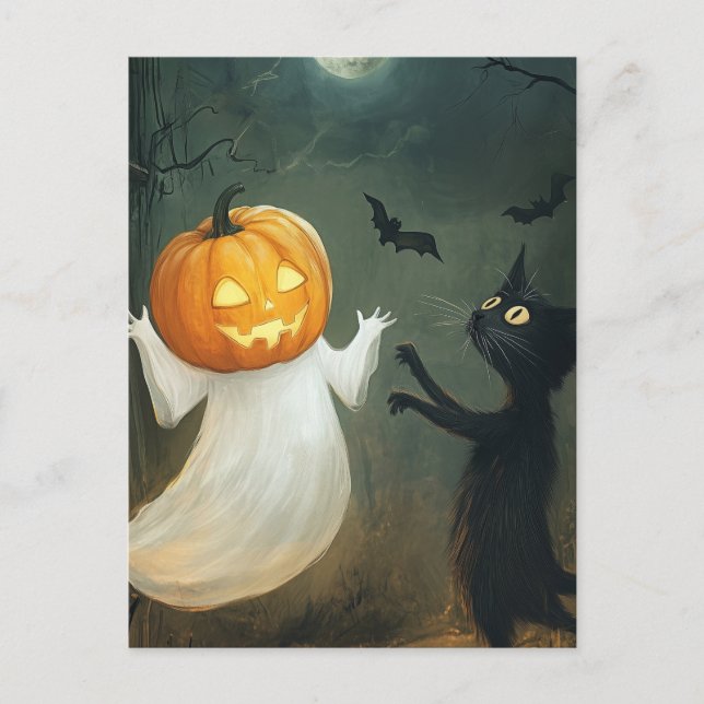 Carte Postale Chat d'Halloween et fantôme (Devant)