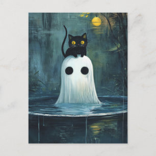Carte Postale Chat d'Halloween et fantôme dans la piscine