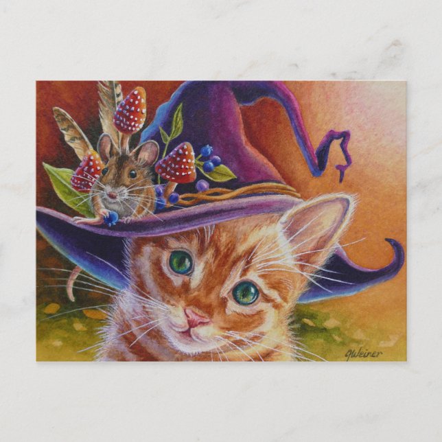 Carte Postale Chat d'Halloween et souris n° 1 Aquarelle Art (Devant)