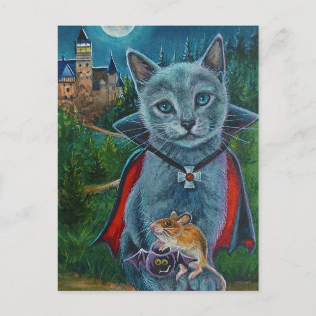Carte Postale Chat d'Halloween et souris n° 3 Aquarelle Art (Devant)