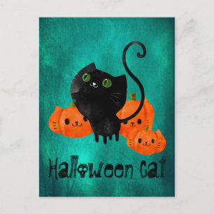 Carte Postale Chat d'Halloween mignon avec citrouilles