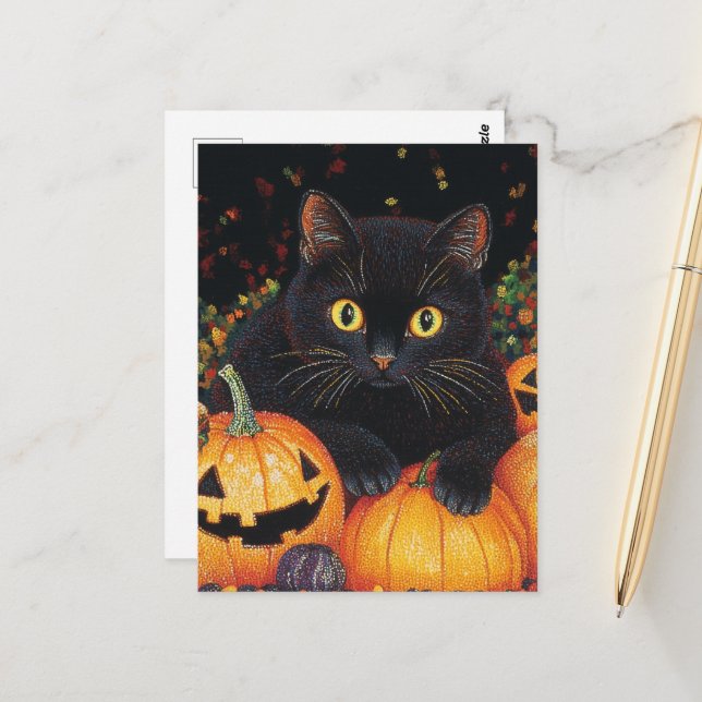 Carte Postale Chat d'Halloween noir (Devant/Arrière en situation)